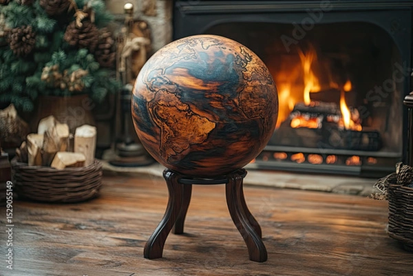 Fototapeta Warm Wooden Walls and a Fireplace Frame a Dark Oak Sphere on a Stand