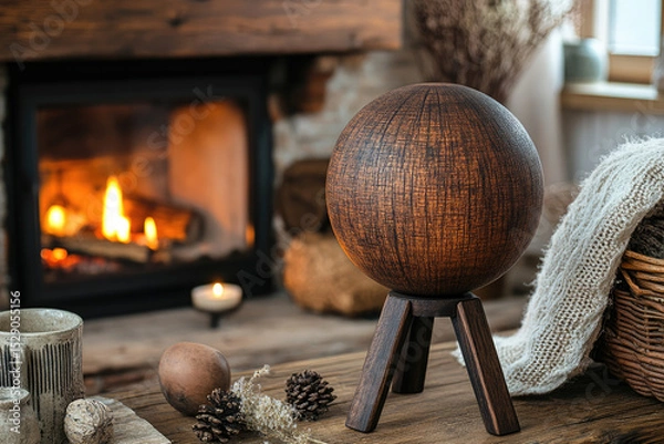Fototapeta Warm Wooden Walls and a Fireplace Frame a Dark Oak Sphere on a Stand