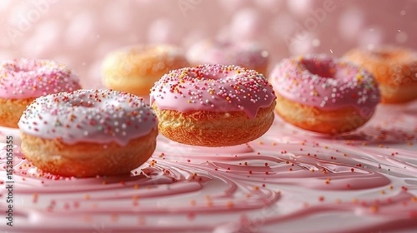 Fototapeta A tempting array of pink frosted donuts decorated with vibrant sprinkles, showcasing an inviting, sweet treat perfect for desserts and indulgent moments in any celebration.