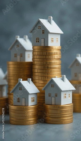 Fototapeta three miniature houses on rising coin stacks - illustrating real estate investment and value growth