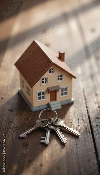 Fototapeta cozy miniature house with keys - symbolizing homeownership and real estate dreams