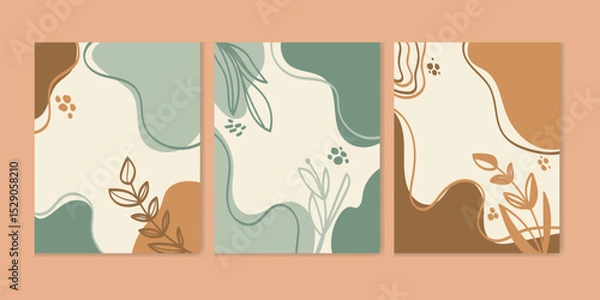 Fototapeta Abstract botanical wall art set with minimalist organic shapes and earthy tones. Modern, elegant design ideal for home decor, posters, prints, and digital backgrounds.
