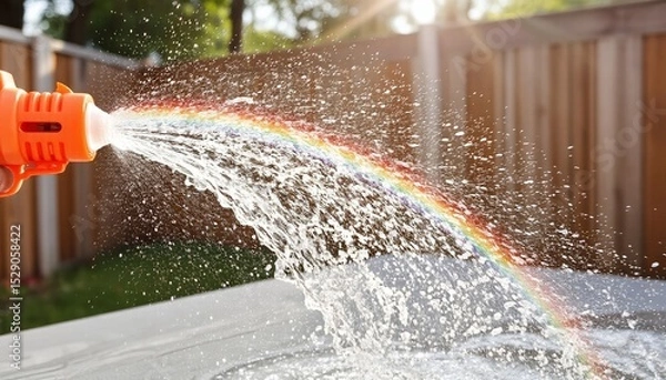 Fototapeta Water gun spraying in sunlight, playful mood, creating rainbow effect, backyard setting