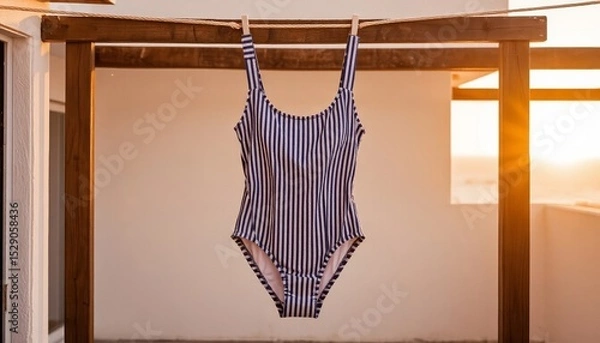 Fototapeta Wet swimsuit on clothesline, relaxed atmosphere, drying in sunset light, summer vibes