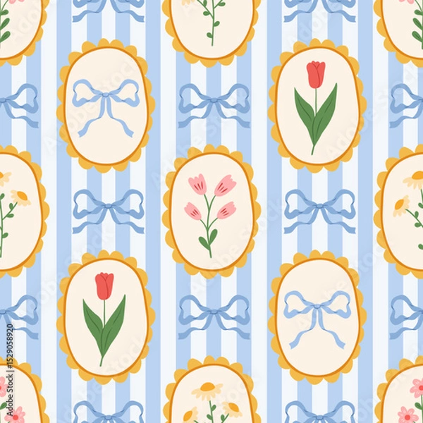 Fototapeta Seamless preppy french pattern on a striped background with beautiful flowers in decorative frames and bows. Coquette vintage background. Vector illustration for textile, baby clothes, wallpaper.