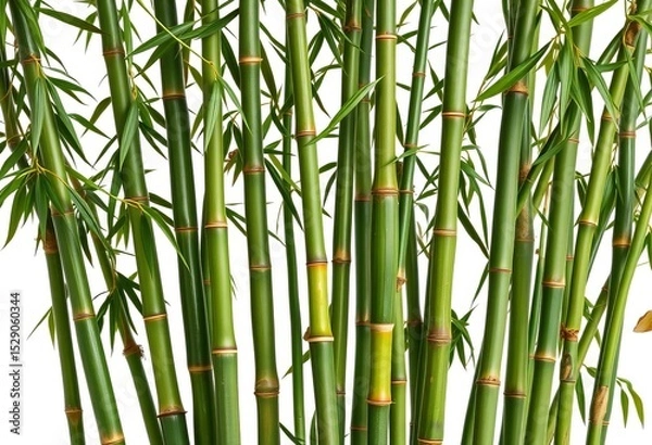 Fototapeta A cluster of lush green bamboo stalks isolated on a pure white background, ready for design use,  vibrant,  flora