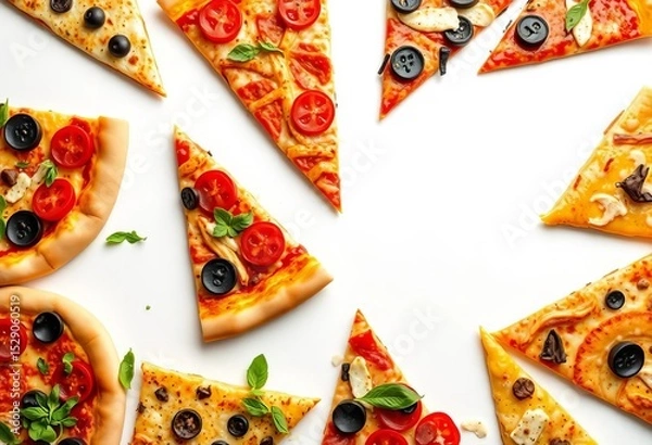 Fototapeta A colorful array of diverse pizza slices on a pristine white background, junk food, lunch