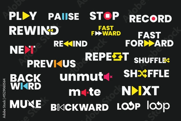 Obraz A sleek playback logo mark with play, pause, stop, rewind, and fast-forward icons, etc