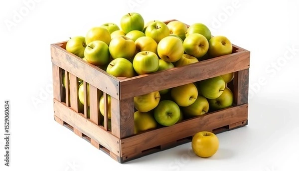 Fototapeta A crate overflowing with crisp, green apples sits on a pristine white background,  green apples,  close-up