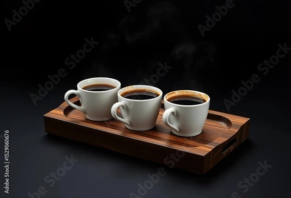 Fototapeta A dark wood tray holds several steaming coffee cups on a black background,  dark,  morning