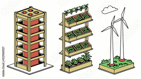 Fototapeta Vibrant Vector Art of Pixelated Vertical Farm with Green Energy Focus  