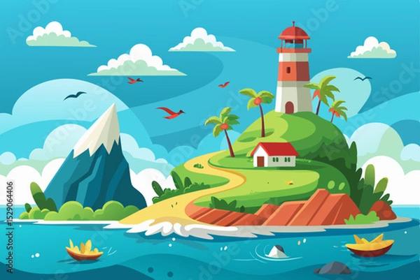 Obraz Coastal lighthouse beaming light across the ocean at sunset with a serene beach landscape