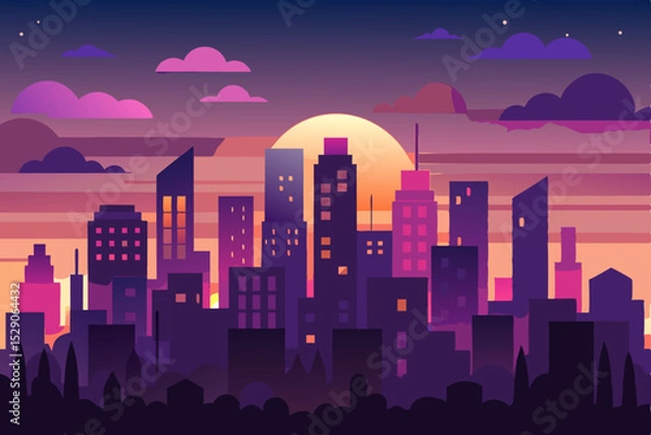 Obraz Night city skyline illustration with urban buildings and a moonlit sky