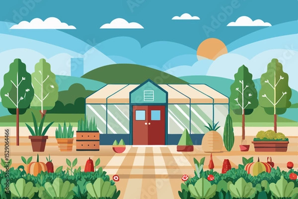 Obraz A charming rural landscape featuring a house with a garden, trees, and a bright summer sky