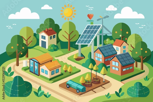 Obraz Vector isometric illustration of a city landscape with houses, buildings, trees, and roads, depicting urban and village architecture
