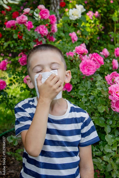 Fototapeta Child Sneezing from Flower Allergy. Selective focus