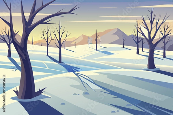 Obraz Golden sun sets on a serene beach and vast desert, while a cold winter landscape presents frosted trees and a snow-covered field under a blue morning sky