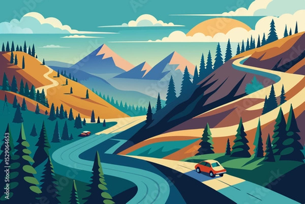 Obraz Winding road through a majestic mountain landscape under a vast sky, with an expansive view of nature's serene beauty at sunrise or sunset