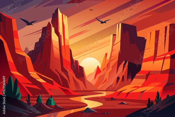 Obraz Nature landscape illustration of a vibrant orange sunset over the city mountains with silhouetted trees and sky