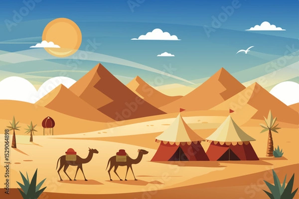 Obraz Desert travel landscape with camels and pyramids at sunset
