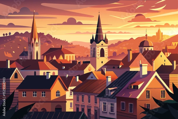 Obraz Historic European town at night featuring ancient architecture, a prominent church tower, and medieval building roofs under a dramatic sky