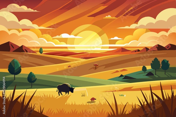 Obraz Golden sunset landscape with sun over mountains and field, vibrant sky and clouds