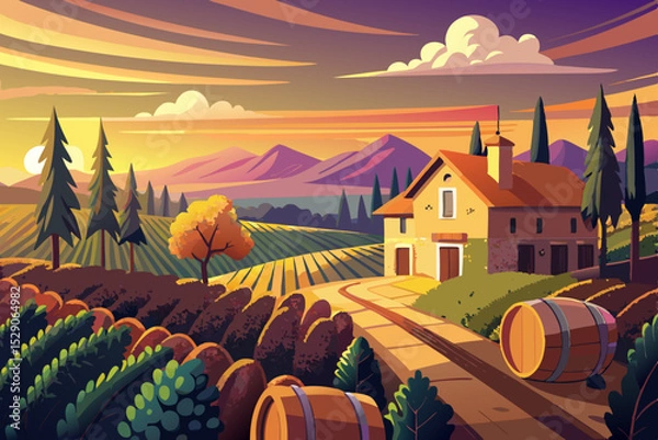 Obraz Vineyard landscape with wooden wine barrels under a summer sky