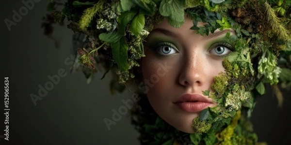 Obraz Close-up portrait of a woman adorned with lush green foliage, creating a stunning natural beauty image. Ideal for cosmetics, wellness, and environmental campaigns.