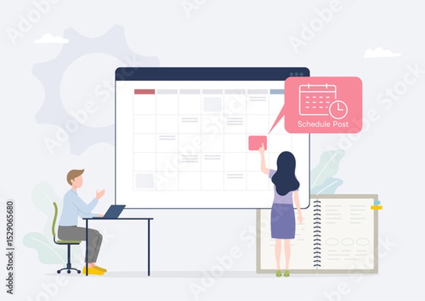 Obraz カレンダーを見ながらSNS投稿の予約をする広報担当者