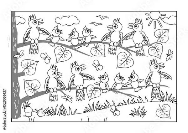 Fototapeta Birds and babies chatting when sitting on tree branches. Coloring page, poster, sign or card. Spring or summertime.
