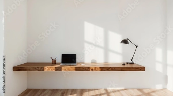 Fototapeta Minimalist floating wooden desk with laptop and task lamp in modern home office workspace