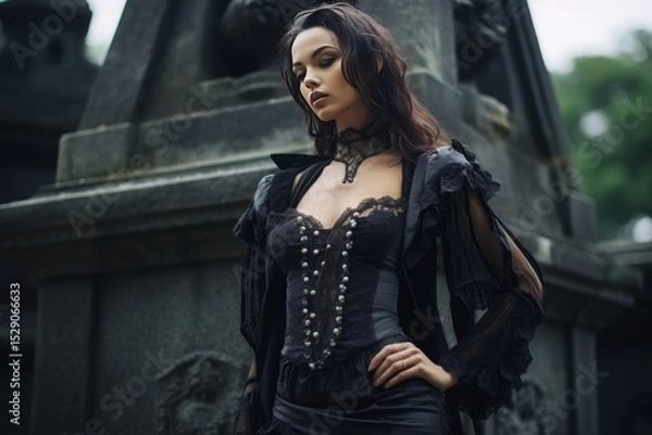 Obraz Model in gothic attire posing among old gravestones and statues.