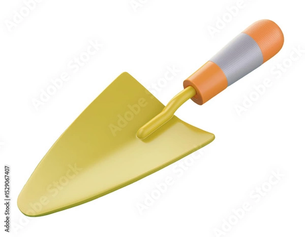 Fototapeta 3D yellow garden trowel with an orange and gray handle rests
