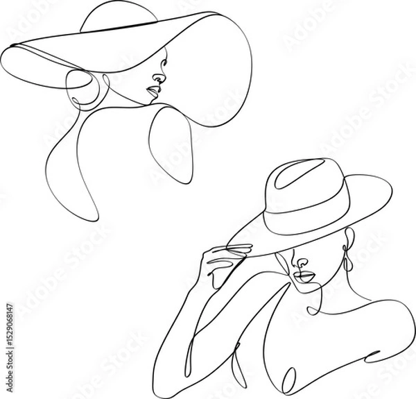 Fototapeta Set of linear abstract images of beautiful women in hat