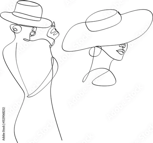Fototapeta Set of linear abstract images of beautiful women in hat