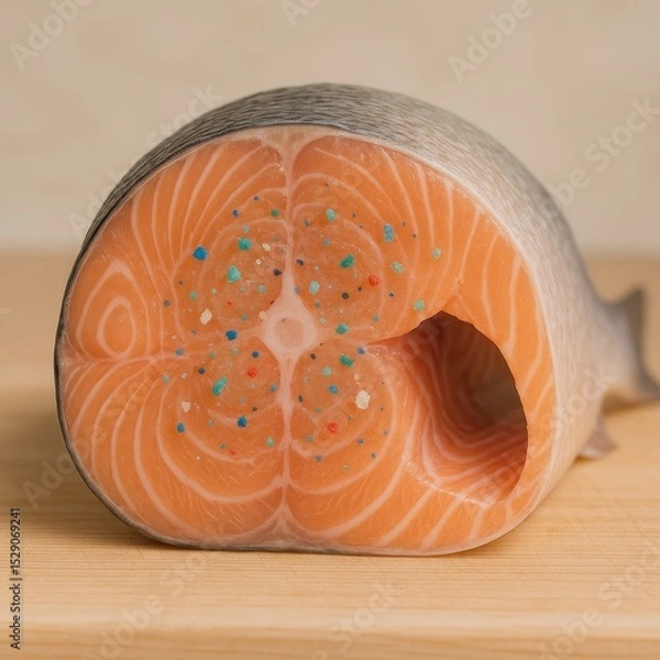 Obraz Salmon Fillet with Microplastics Closeup Showing Environmental Contamination