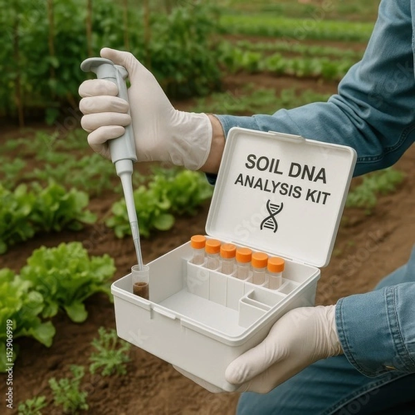Obraz Scientist Using Soil DNA Analysis Kit in a Lush Green Garden