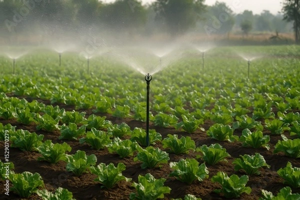 Obraz Automated Irrigation System Watering Green Vegetable Crops in a Lush Field