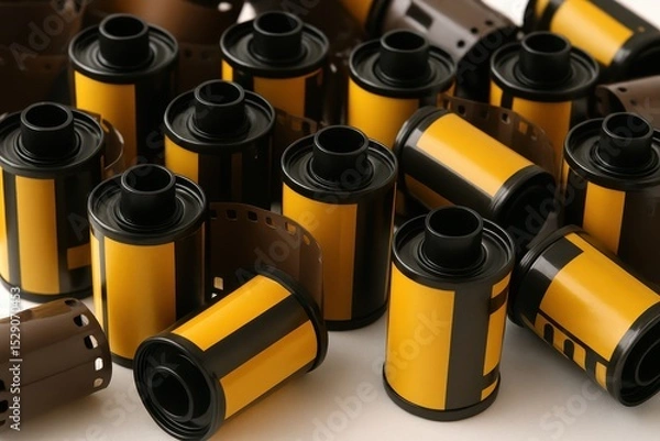 Obraz Close Up of Several Rolls of Yellow and Black 35mm Film on White Background