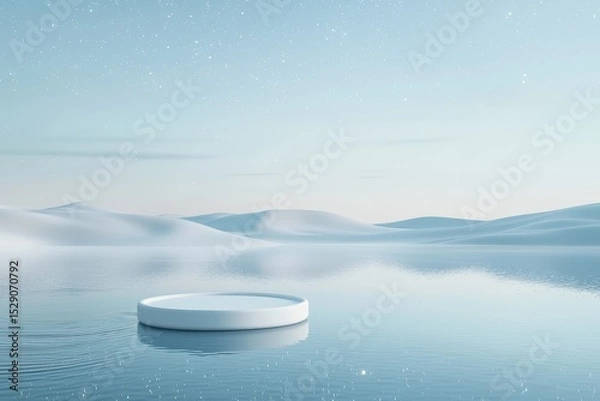 Fototapeta Minimalist 3D rendering of desert dunes, snowflakes, lake with floating white circular boat under blue sky and moonlight reflection