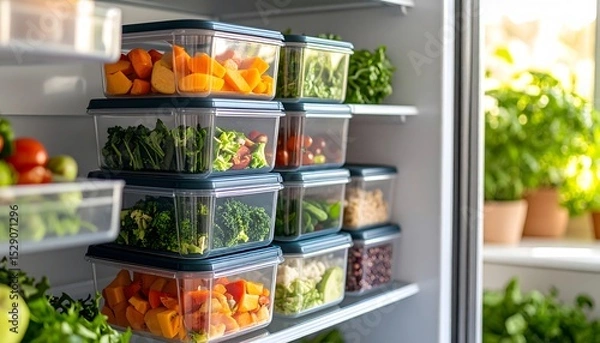 Fototapeta Organized refrigerator with fresh vegetables in reusable containers
