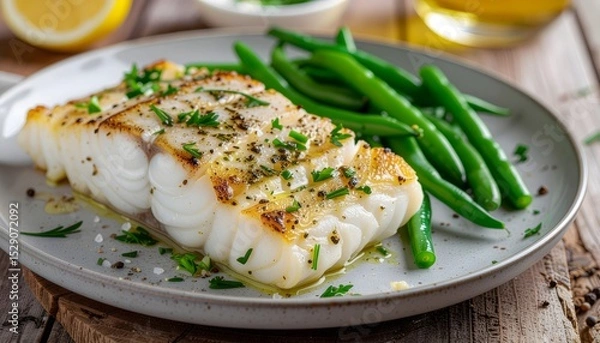 Fototapeta Pan Fried Cod Fillet with Green Beans on a Plate Ready to Eat