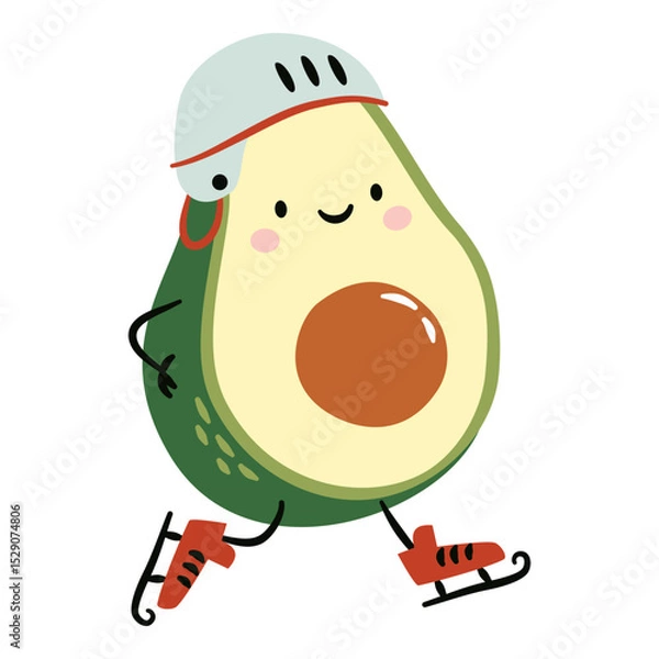 Obraz Flat vector illustration in a simple childish style. Small avocado skating and playing hockey on white background. Vector illustration