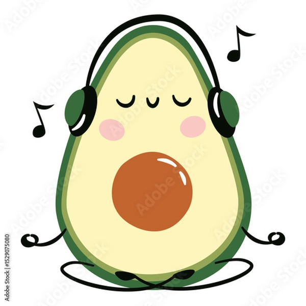 Obraz Flat vector illustration in a simple childish style. Cute avocado doing yoga and meditating to music with headphones on . Vector illustration