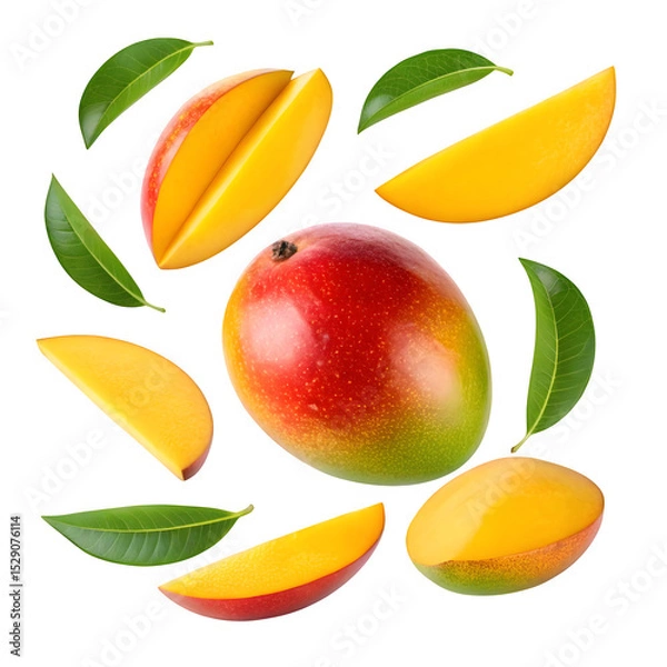 Fototapeta Fresh mango with slices and leaves isolated on transparent background