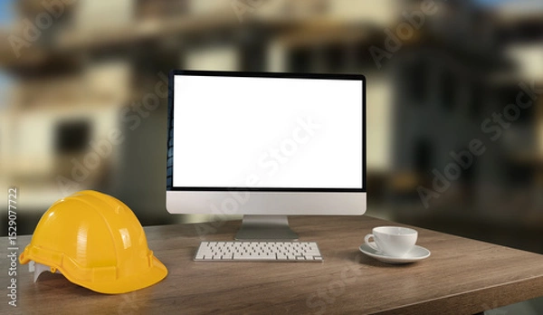 Obraz A laptop is open on a desk with a yellow hard hat and a red cup of pens. The laptop is empty and the desk is cluttered with construction tools. working table architect designer