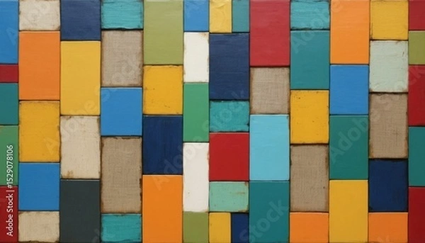 Fototapeta Recycled materials are used in this abstract artwork. composed of several voices and multicolored rectangles. Environmental awareness is emphasized in conceptual design. Modern art for those who care 