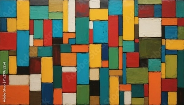 Fototapeta Recycled materials are used in this abstract artwork. composed of several voices and multicolored rectangles. Environmental awareness is emphasized in conceptual design. Modern art for those who care 