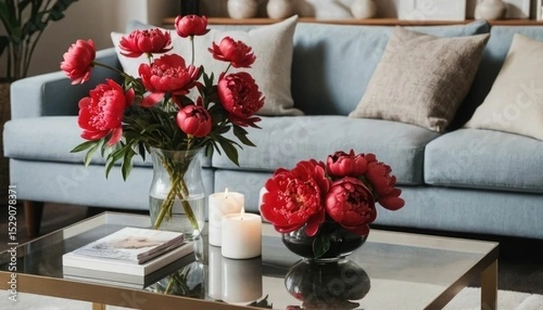 Fototapeta Vase on coffee table in living room with candles and red peonies