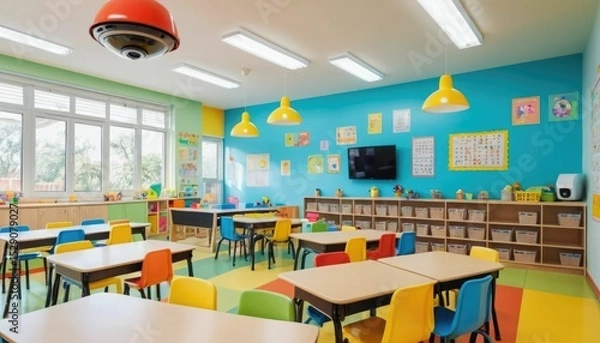 Fototapeta A colorful kindergarten classroom is being watched over by a modern CCTV security camera for the protection of the children.